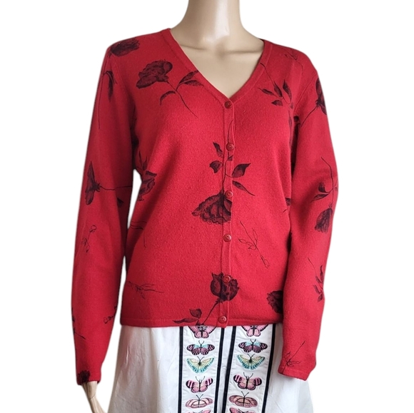 Vintage Nina Leonard V Neck Red Roses Cardigan Wool Angora - Picture 1 of 4